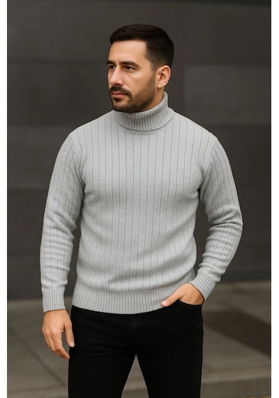 Efnaz Style Erkek Fitilli Triko Kazak 3lü Set Gri Haki Siyah Regular Balıkcı Yaka Tam Boğazlı Triko Seti Modeli Kazak Çok Renkli