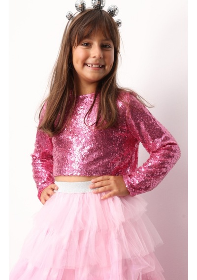 Le Mabelle Fuşya Uzun Kollu Pullu Kız Çocuk Crop Bluz Fuşya