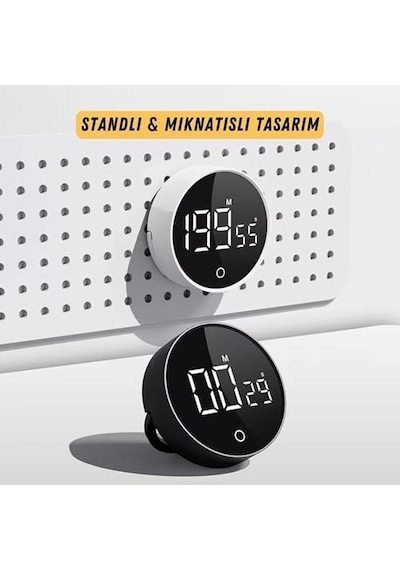 Rt-1 Mıknatıslı Rotary Zamanlayıcı 0-199 İleri Geri Sayım Kronometre, Ayaklı Stand, Led Ekran, Usb-c Şarjlı, Pomodoro & Mutfak Timer Beyaz