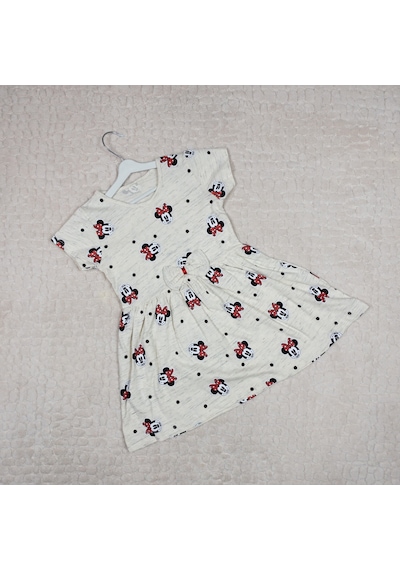 Momikon Minnie Mouse Desenli Fiyonk Detaylı Pamuklu Kız Çocuk Elbise Krem