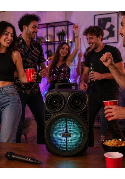 Hubrendy Tekno Kablosuz Karaoke Hoparlör Mikrofonlu Rgb Işıklı 6.5 İnç Bluetooth Speaker Taşınabilir