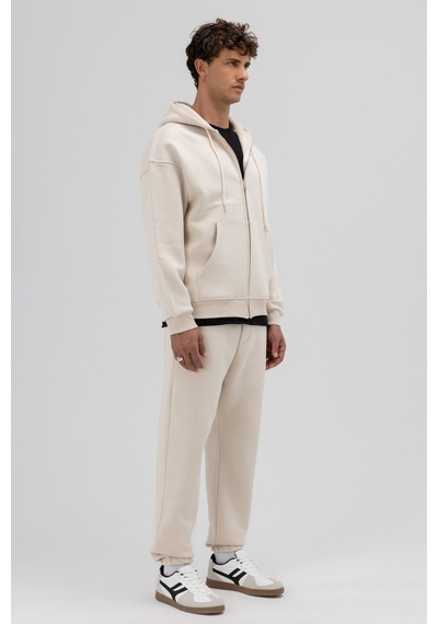 Vamos Basic Fermuarlı Oversize Kapüşonlu Sweatshirt Taş
