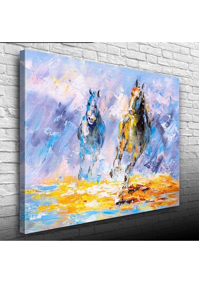 Dörtnala İki At Sarı Ve Mavi Tonlarda Yağlıboya Kanvas Tablo 50 X 70