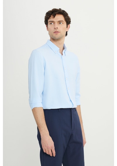 AC&Co / Altınyıldız Classics Erkek Mavı Slim Fit Dar Kesim Düğmeli Yaka Armürlü Gofre Desenli Gömlek Mavi