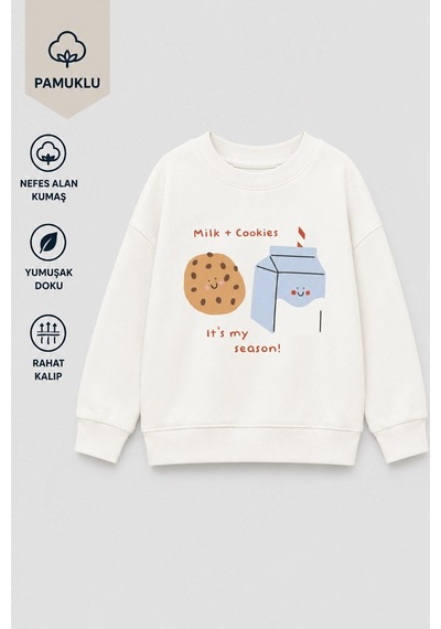 Monila Kız Çocuk 3 İplik Kumaş Pamuklu Baskılı Sweatshirt Ekru
