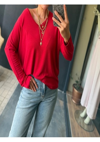 Mirve Butik V Yaka Yumoş Merserize Bluz Kırmızı