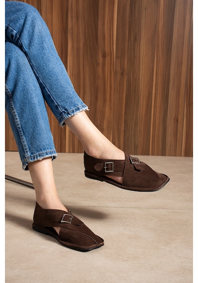 Duxal Shoes Cooper İçi Hakiki Deri Süet Kadın Sandalet Tokalı Günlük Rahat Ayakkabı - Babet Acıkahve