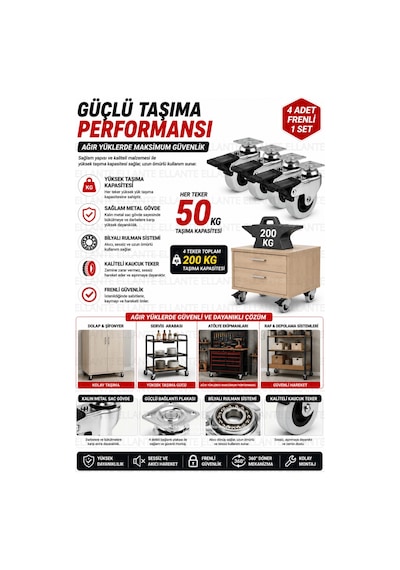 4 Adet Frenli Döner Tablalı 50 Mm Bilyalı Mobilya Tekeri 360 Döner Masa Dolap Sehpa Tekeri Ağır Yük Çok Renkli