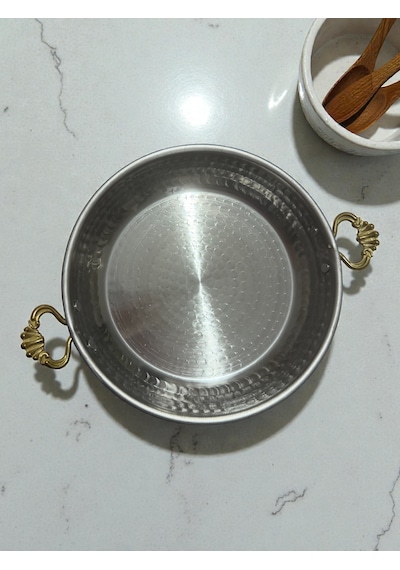 2 Li Krom Sahan Tavası Seti Gold Kulplu Dayanıklı Ve Şık Tasarım 21 Cm Gümüş