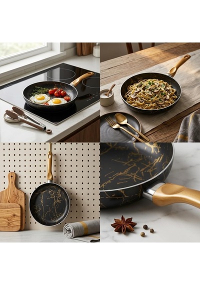 Papilla Desert Maxi Tava Siyah Gold Desenli Şık Tasarımlı Geniş Pişirme Tavası 26 Cm - 28 Cm Ölçü Seçenekleri Diğer