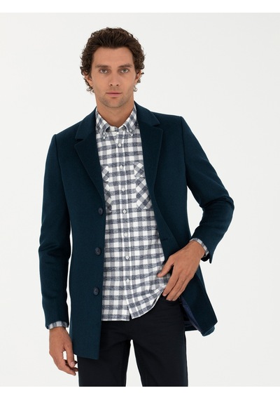 Cacharel Petrol Mavisi Yün Karışımlı Ex. Slim Fit Palto
