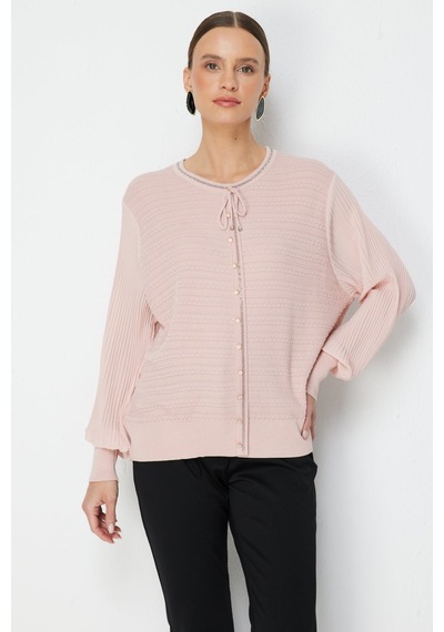 On Kadın Kolları Pileli Kumaşı Desenli Bluz 70449 Pembe