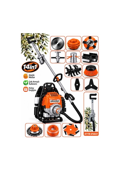 Dragro Drg-14 Sırt Tipi T Motorlu Tırpan Çapalama Seti + Zeytin Toplama 14 Parça Full Set Bahçe Seti