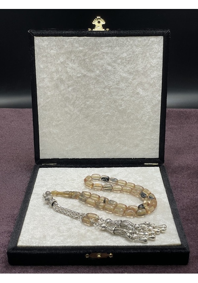 Alpaka Damla Uçlu Çift Renk Sıkma Kehribar Tesbih Krem-siyah, 7x11 Mm