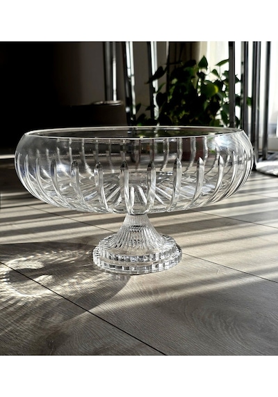 Kesme Kristal Yuvarlak Ayaklı Sunumluk Kase 24 Cm Salata Sunum Kasesi
