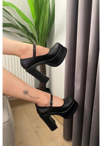 Kadın Siyah Tek Baretli 12 Cm Platform Topuklu Ayakkabı Siyah