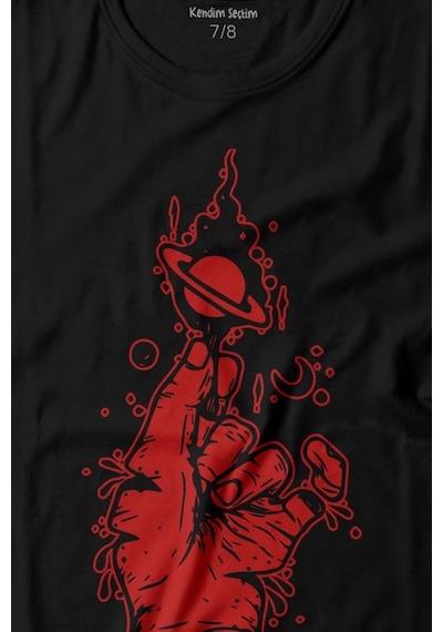 Kendim Seçtim Uzayda El Satürn Halkaları Çizimli Lolipop Hellfire Ateş Baskılı Tişört Çocuk T-shirt 001