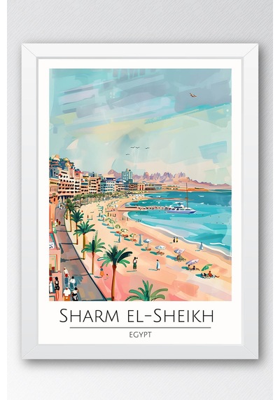 Mısır Sharm El-sheikh Temalı Çerçeveli Tablo Travel Serisi Modern İllüstrasyon Duvar Dekoru Beyaz