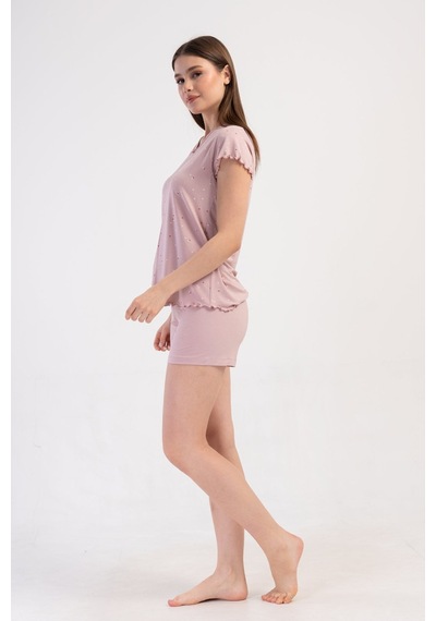Yake Store Kadın Lyc Vıscon Xxl Kayık Yaka Fıyonklu Kısa Kol Bıbılalı Etegı Oval Sort Takım - Rosebloom Pembe