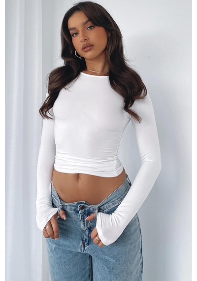 Seeh Beyaz Bisiklet Yaka Basic Uzun Kollu Body Sh142