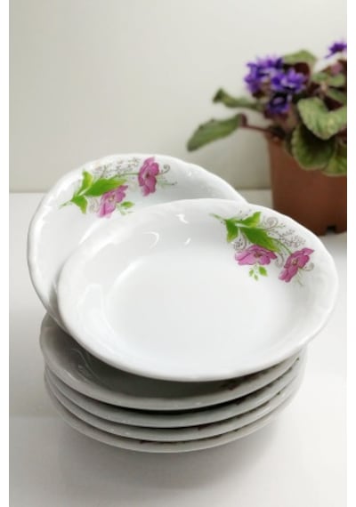 Porland Küçük Boy 6'lı Çiçekli 13 Cm Porselen Çukur Tabak Kahvaltılık