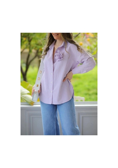 Çınar Boutique Pembe Gül Broşlu Çizgili Gömlek Çizgili Pembe Çizgili Pembe
