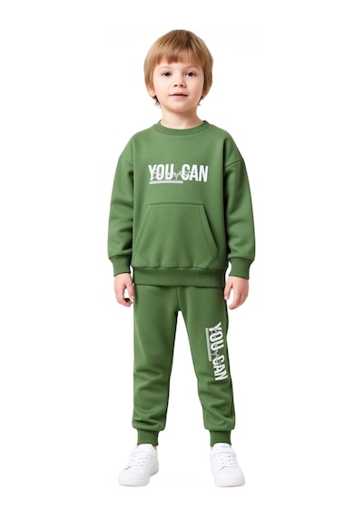 Ersefa Enerjik Sloganlı Erkek Çocuk Örme Eşofman Ve Sweatshirt Seti Kali Yeşil