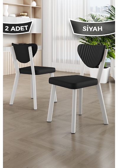 Fubi Serisi 2 Adet Deri Mutfak,cafe, Restaurant Sandalyesi Beyaz Metal İskeletli Siyah Sandalye Beyaz İskelet