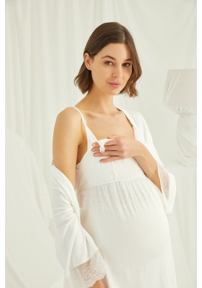 Burdagel Monamise Kadın Ekru Hamile Lohusa Sabahlıklı Pijama Takım 18433