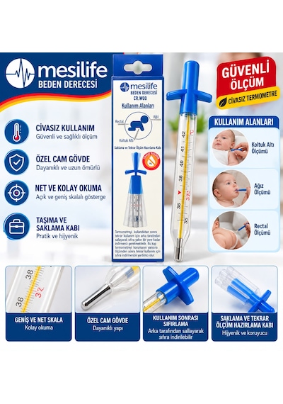 Mesilife Cr.w00 Cam Derece Cıvasız Beden Termometresi Koltuk Altı Ağız Ve Rektal Ölçüm Saklama Kabı