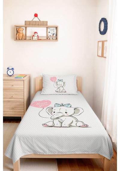 Evimde Bambaşka Pembe Fil Kız Çocuk Pike Takımı - Sevimli Gri Bebek Odası Mevsimlik Yatak Örtüsü - 160x220  CM