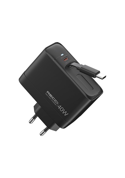 Gan Teknolojili Hızlı Şarj Başlığı Recci Rc102e Usb-a To Type-c Pd 40w Type-c Kablolu Şarj Set Siyah