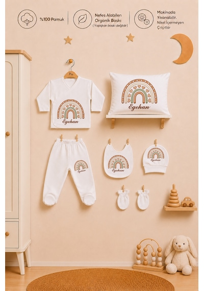 Pia Baby Kişiye Özel Erkek Bebek Hastane Çıkışı %100 Pamuk Organik Baskılı Zıbın Seti 1047zyb3x Ekru