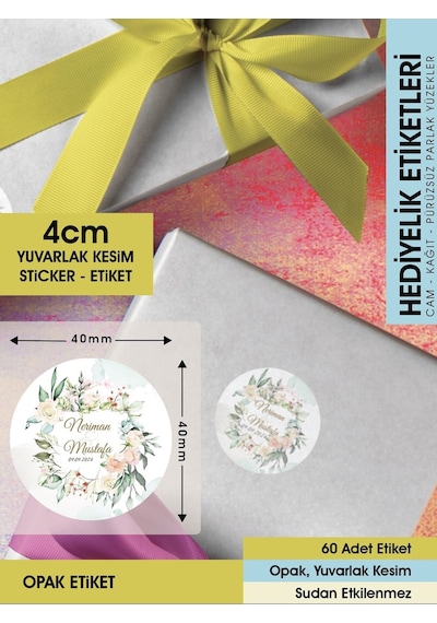 Suluboya Çiçek Modeli 2, Etiket Modeli Ürünlerinize Özel 4cm - 60 Adet Opak Sticker Renkli
