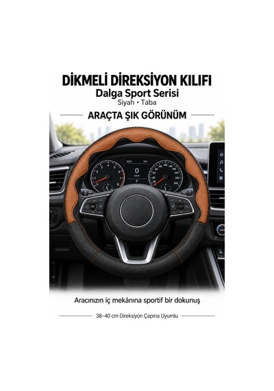 Trobus Hyundai Santa Fe 2024-2025 Uyumlu Dikmeli Direksiyon Kılıfı Dalga Sport Deri Siyah Taba Taba - Siyah