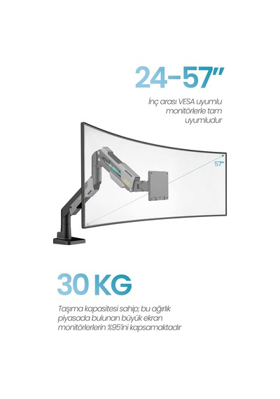24-57 Armada Ultrawide Ekran Monitör Kolu 30 Kg Kapasiteli Vesa Uyumlu Tam Hareketli Monitör Standı