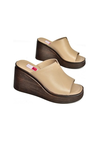 Fox Shoes P555961203 Vizon Hakiki Deri Dolgu Topuklu Kadın Terlik Vizon