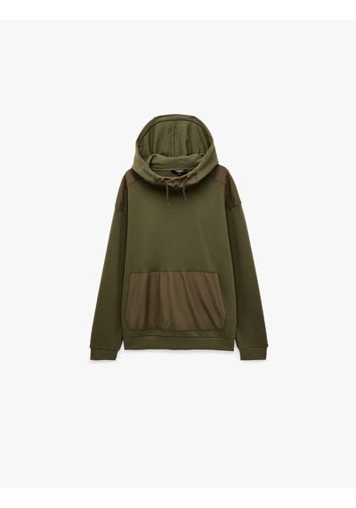 Koton Üç İplik Uzun Kollu Kanguru Cepli Kapşonlu Oversize Sweatshirt Haki 7wam70158mk