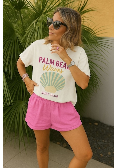 Palm Beach Waves Baskılı Unisex Tshırt BEYAZ