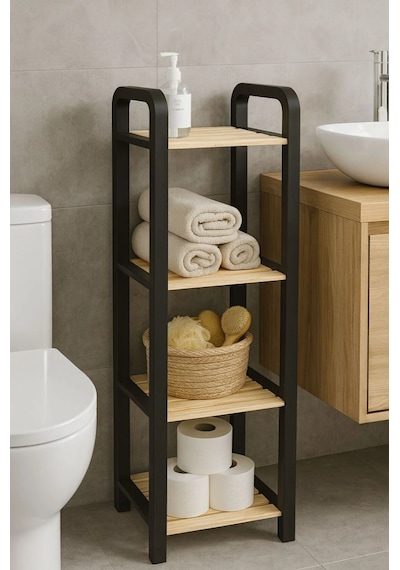 Mega Ahşap 4 Bölmeli Banyo Düzenleyici Masif Ahşap Banyo Raf Ünitesi