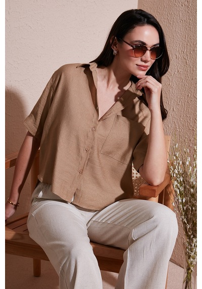 Lela Regular Fit Göğüs Cepli Kısa Kollu Bayan Gömlek 6779324 Bisküvi