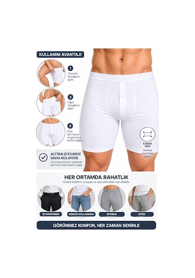 Westicgiyim Erkek Düğmeli Uzun Paça Boxer %95 Pamuk %5 Elastan Likralı Esnek Beyaz İç Giyim S-m-l