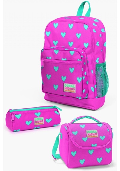 Coral High Kids Neon Pembe Su Yeşili Kalp Desenli 3'lü Okul Çanta Seti - Kız Çocuk Çok Renkli