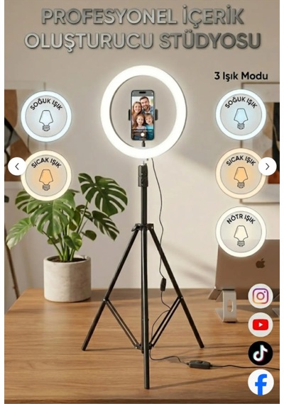 10"inç Ring Light Youtuber Tiktok Çekim Işıklı Telefon Tutucu+tripod 2.10 M Kumandalı