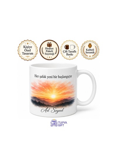 İsimli Şafak Temalı Özel Baskılı Kupa Bardak Hediye Porselen Mug Beyaz / Çok Renkli