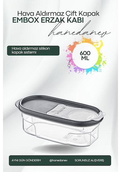 Embox Çift Kapak Sistemli Erzak Kabı - Hava Aldırmaz Kapaklı Saklama Kabı 600 Ml 9 X 6 Cm Şeffaf