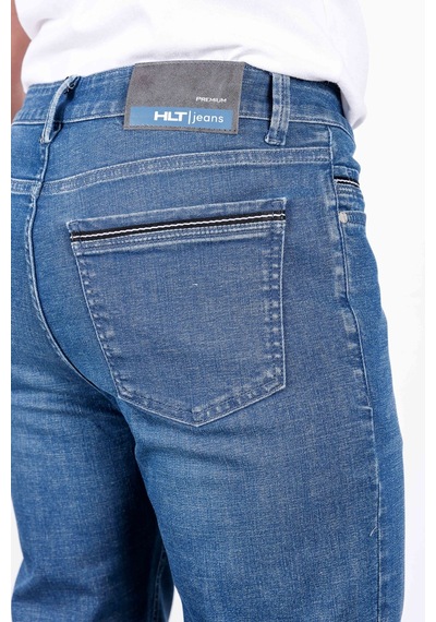 HLT Jeans Erkek Şerit Detaylı Puslu Mavi Regular Fit Boru Paça Esnek Likralı Jeans Kot Pantolon Hlthe001965 Beyaz - Mavi