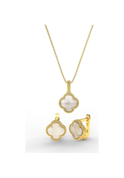 Erdobia 925 Ayar Beyaz Sedef Taşlı Gold Yonca Kolye Küpe 2'li Gümüş Set-takım