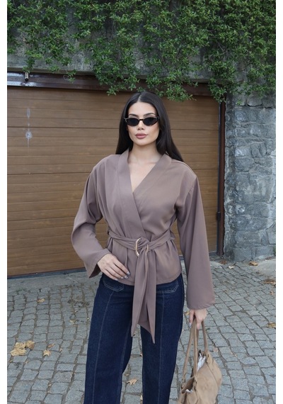 Kechi Woman Krep Kumaş Kruvaze Kemerli Kimono Bluz Vizon