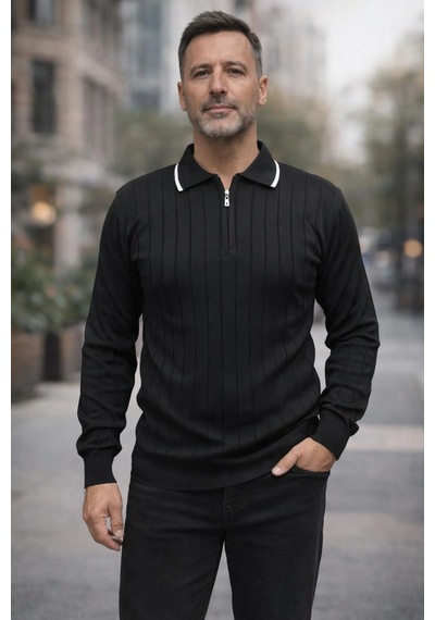 Bigümex Erkek Çizgili Polo Yaka Fermuarlı Sweatshirt Siyah